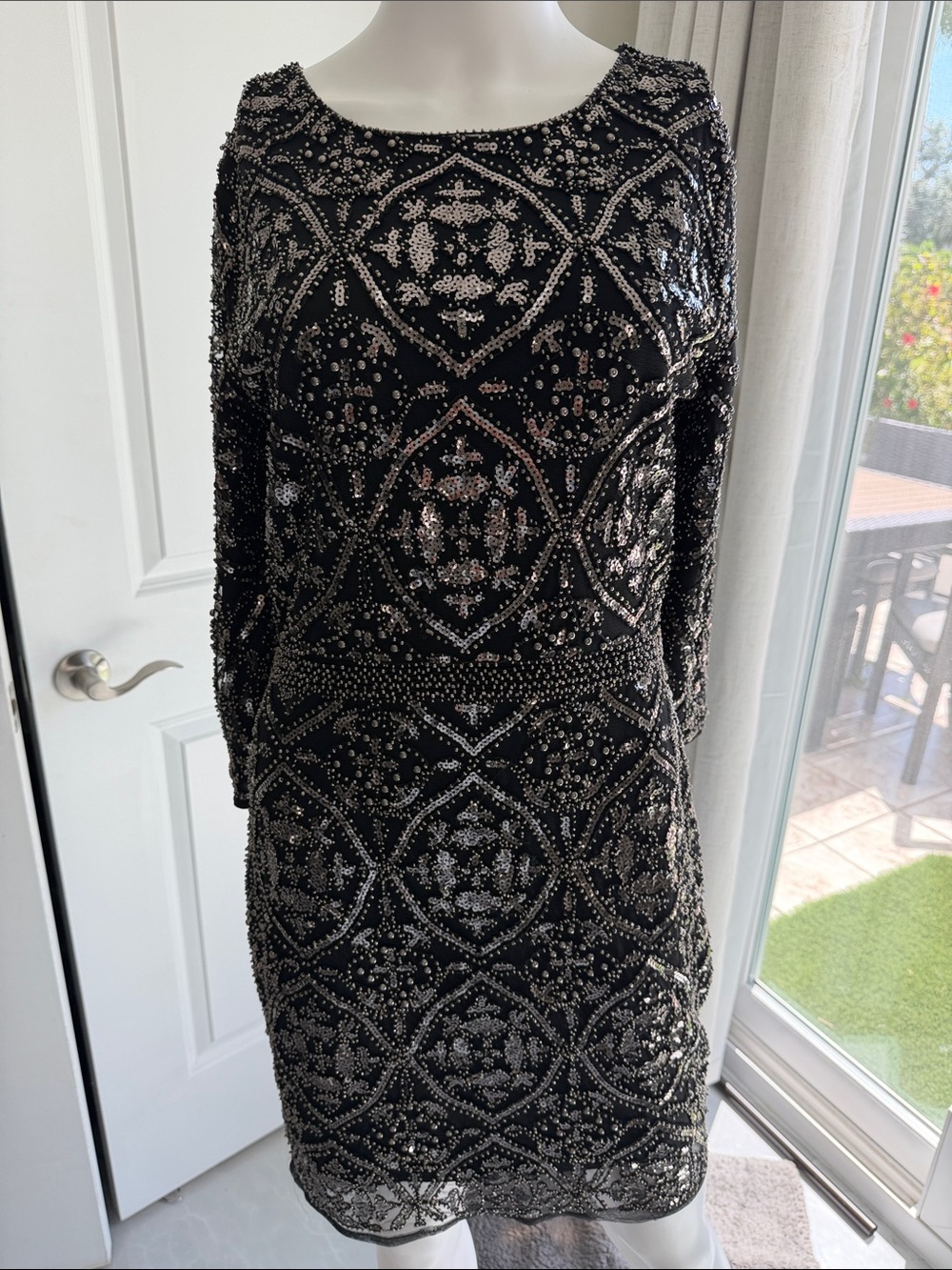 Lulus Black Beaded Long-Sleeve Cocktail Dress